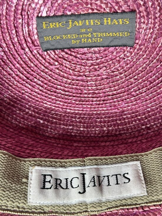 Eric Javits Handwoven Straw Hat Plum Berry Tiered Crown Resort Boater Style